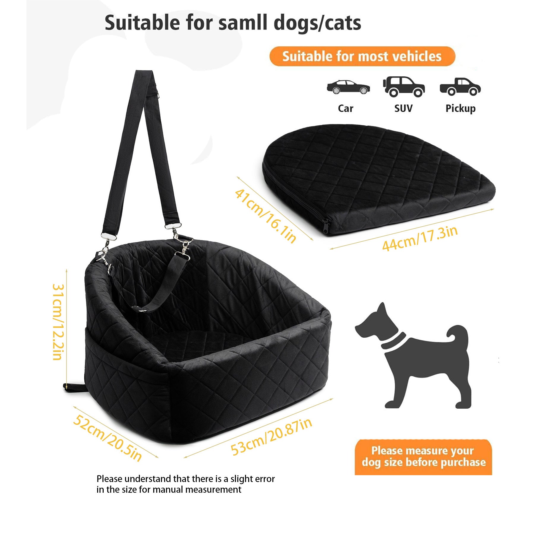Waterproof car seat suitable for small dogs and pets, with storage bag and clip on belt