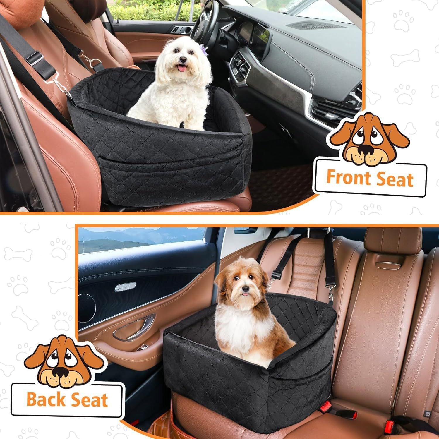 Waterproof car seat suitable for small dogs and pets, with storage bag and clip on belt